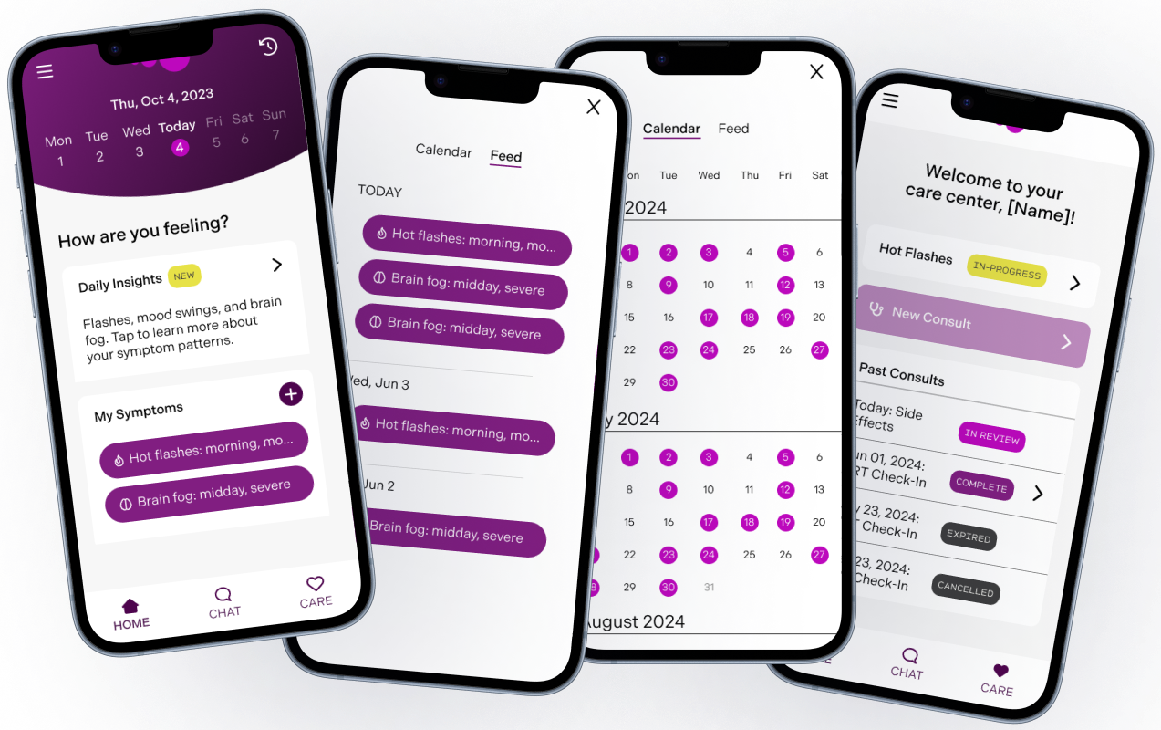 Flourish menopause care app screenshots showing symptom tracking, calendar view, care center, and consultation management features